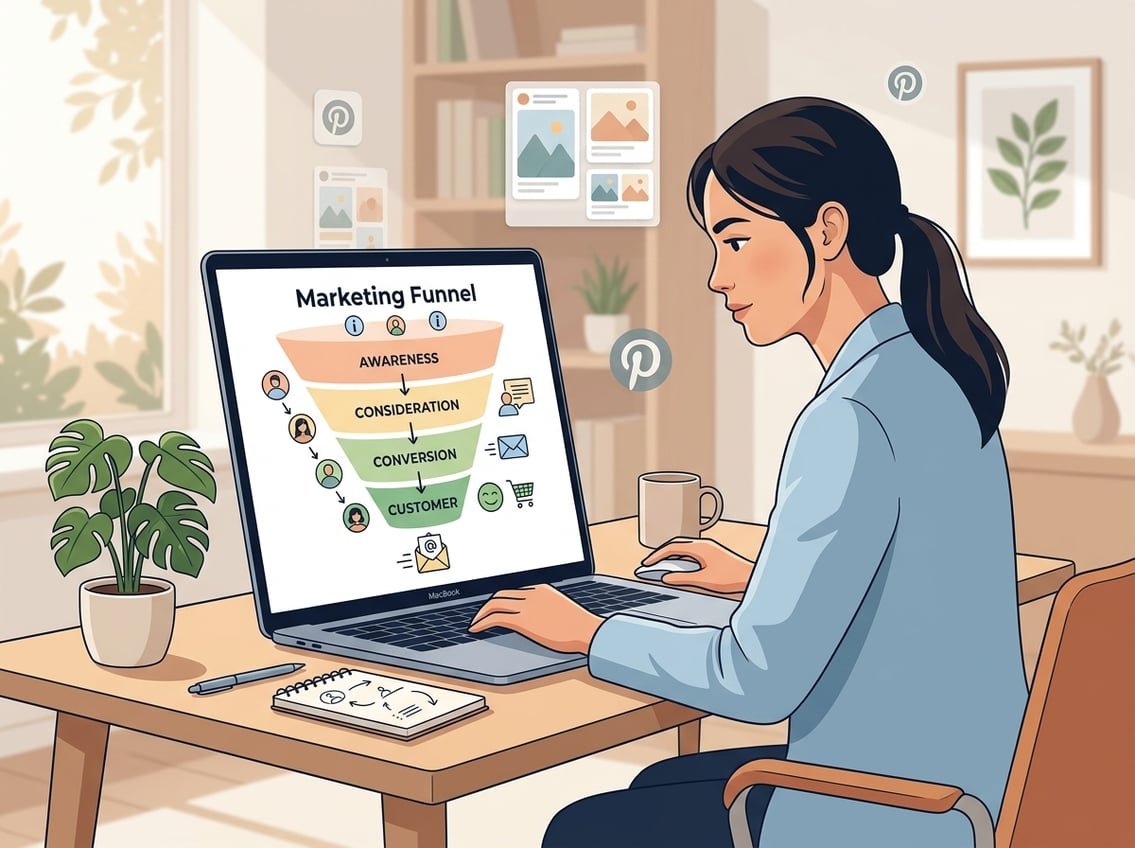 A workspace with a laptop showing a marketing funnel diagram and icons representing Pinterest around it, illustrating the process of building an email list.