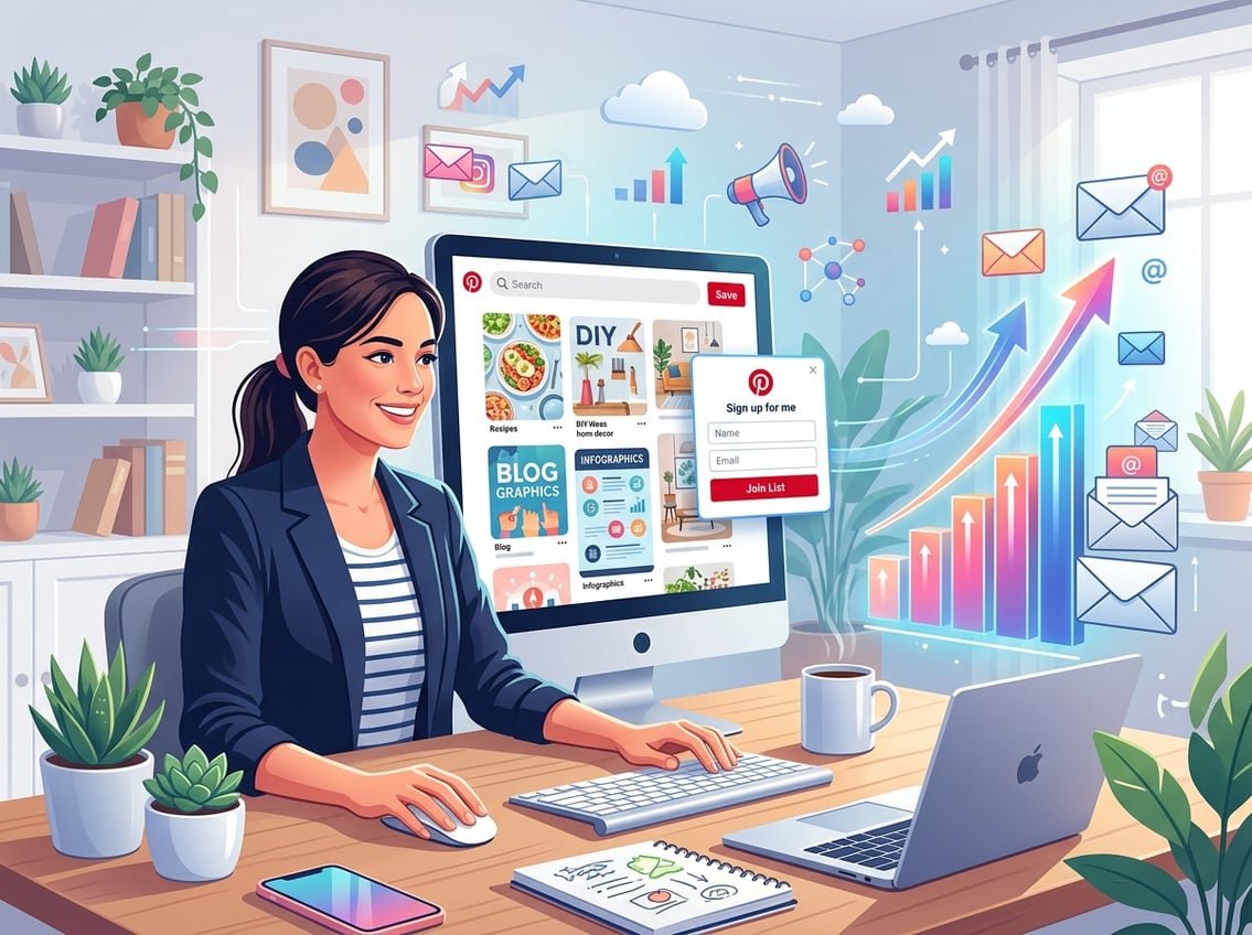 A workspace with a computer showing a Pinterest-like interface surrounded by email icons and a growing subscriber list chart.
