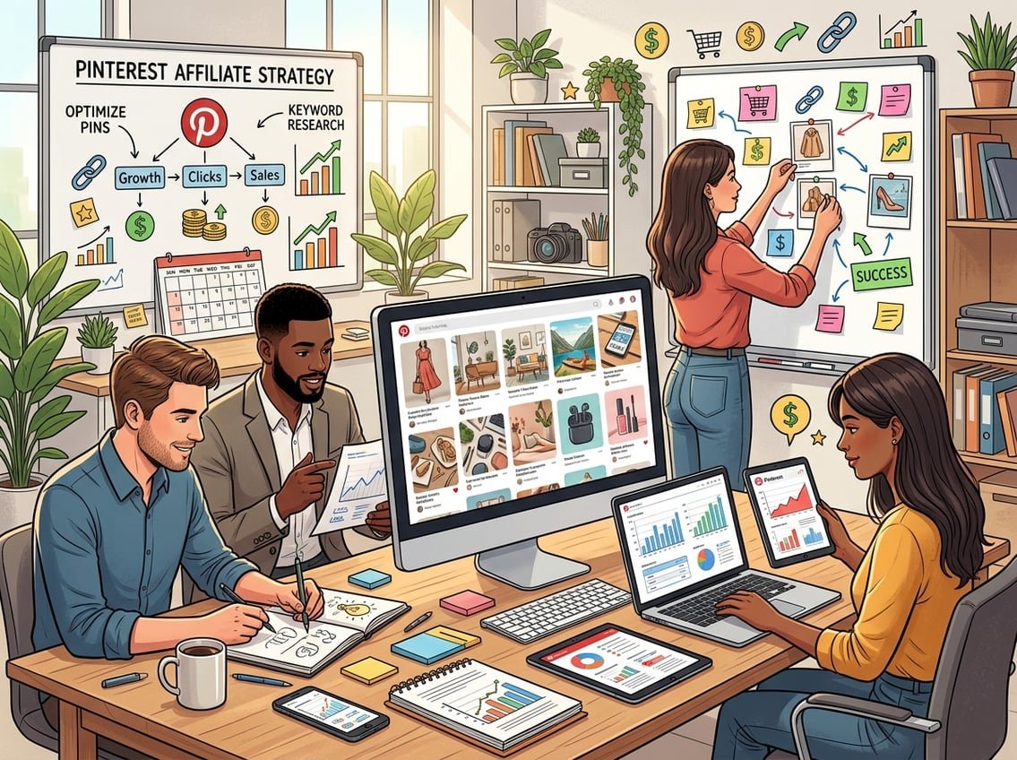 A group of people working together at a desk with a computer showing a Pinterest-style grid of product images, surrounded by charts and digital devices.