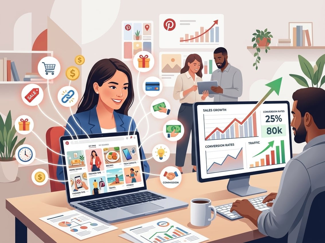 A group of professionals working together at a desk with a laptop showing a Pinterest-like interface and floating icons representing affiliate sales and marketing strategies.