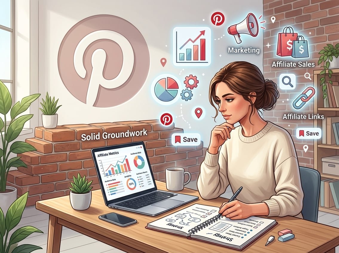 A person planning affiliate marketing strategies with digital icons and a sturdy brick wall symbolizing a strong foundation.
