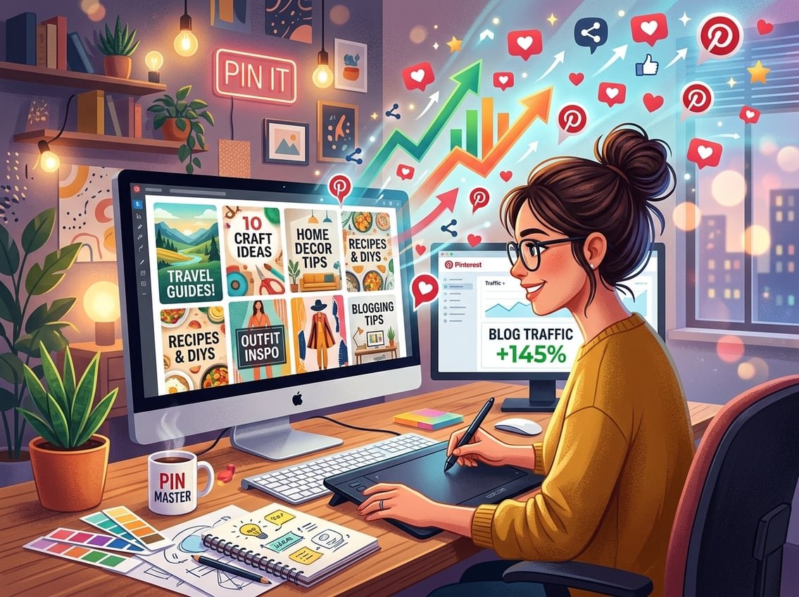 A person working at a computer creating colorful Pinterest pin designs with icons representing social media growth and engagement around them.