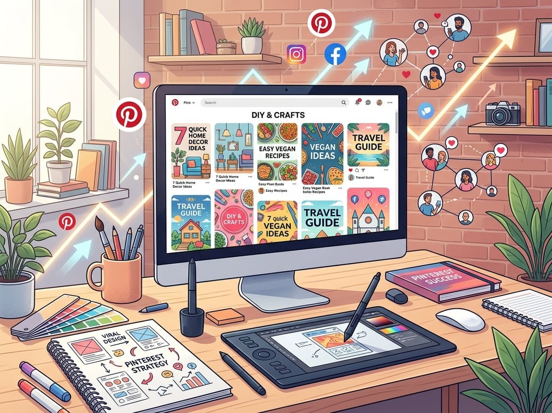 A digital workspace with a computer displaying colorful Pinterest pins surrounded by creative tools and symbols of social media growth.