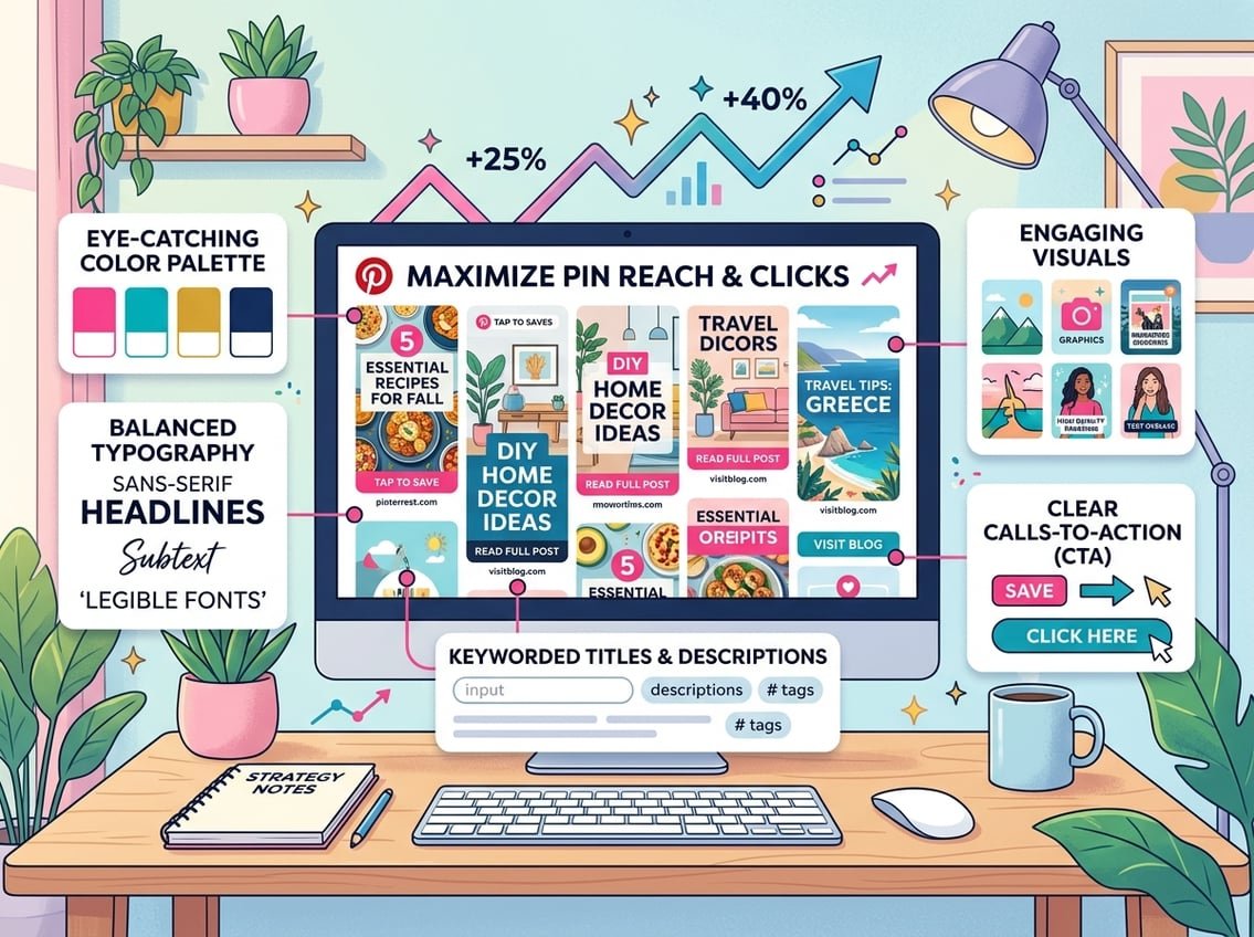 A workspace showing a computer screen with a Pinterest pin design surrounded by color palettes, typography samples, image thumbnails, and icons representing growth and engagement.