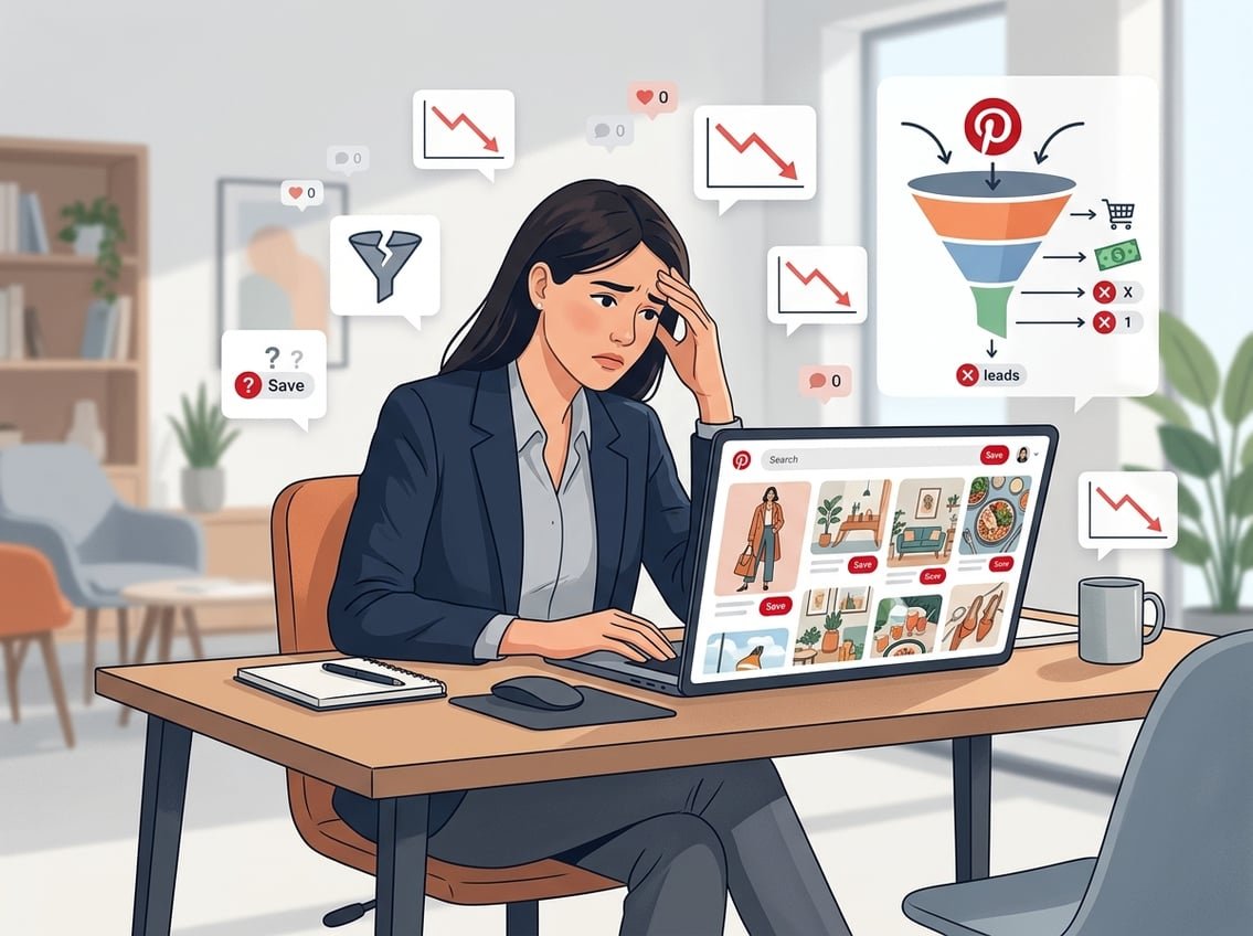 A person sitting at a desk looking frustrated while viewing Pinterest-like content on a laptop, surrounded by digital marketing icons showing low engagement and conversion.