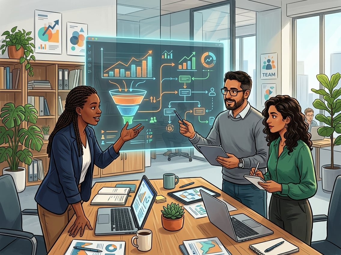 Three professionals collaborating around a desk with digital screens showing graphs and charts in a modern office setting.