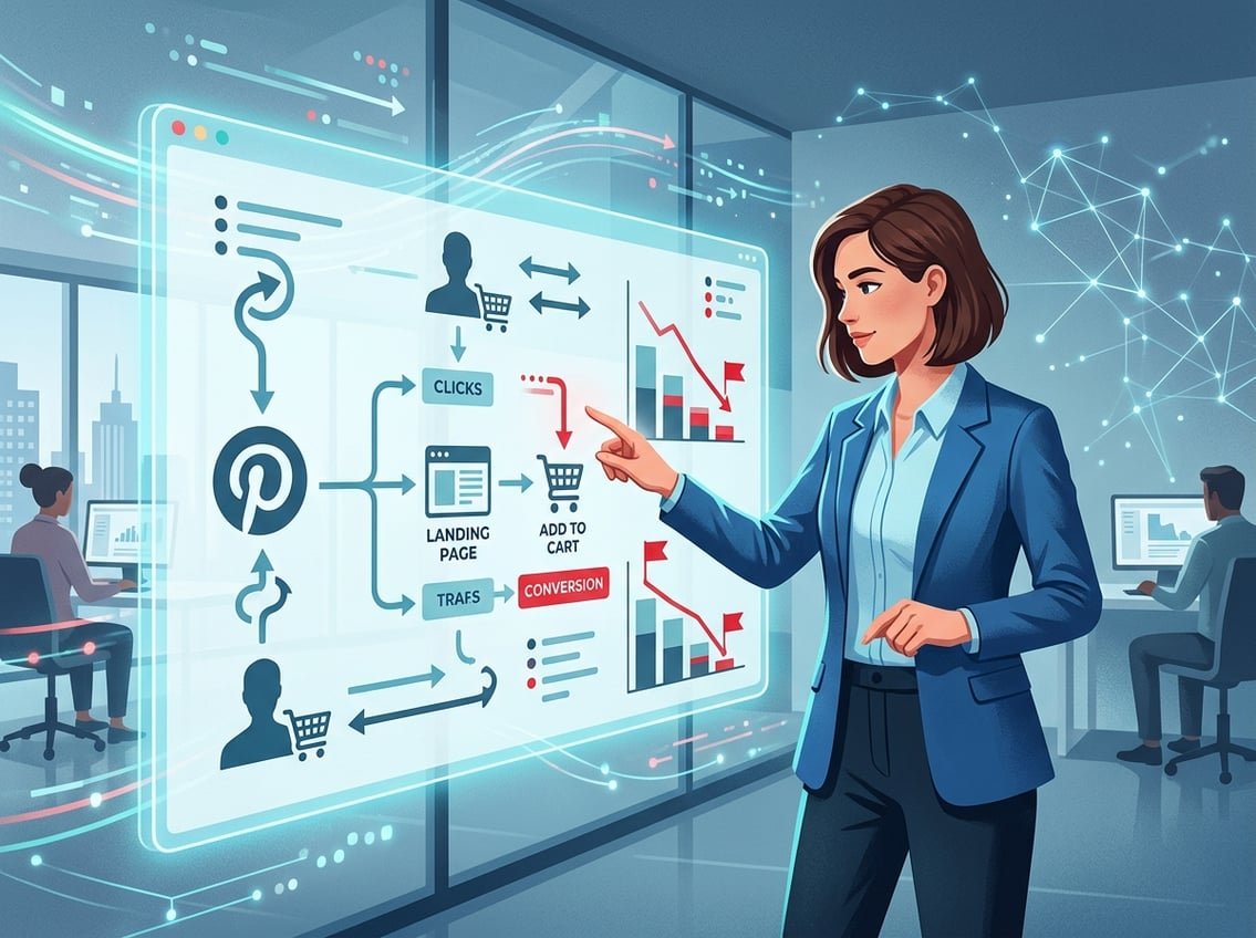 An analyst examining digital charts and graphs showing website traffic and conversion rates after a Pinterest click in a modern office setting.