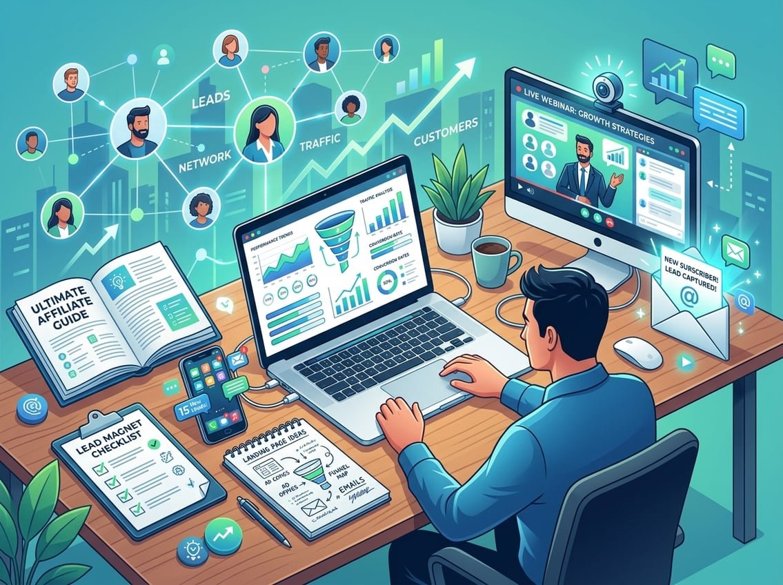 A workspace with a laptop, smartphone, notepad, and icons representing ebooks, checklists, webinars, and emails, symbolizing lead generation for affiliate marketing.