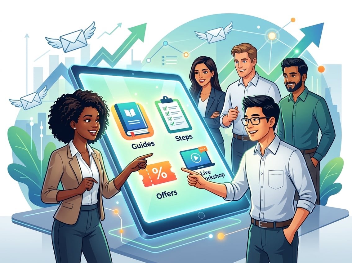 A group of people gathered around a large digital device displaying icons representing lead magnets like ebooks and coupons, with graphs and email symbols in the background indicating marketing success.