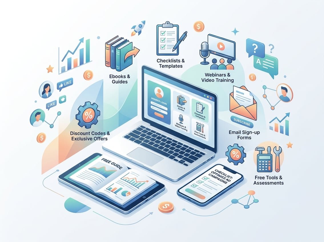 A scene showing digital devices displaying different lead magnet types like ebooks, checklists, webinars, and email sign-up forms with icons representing growth and user engagement.