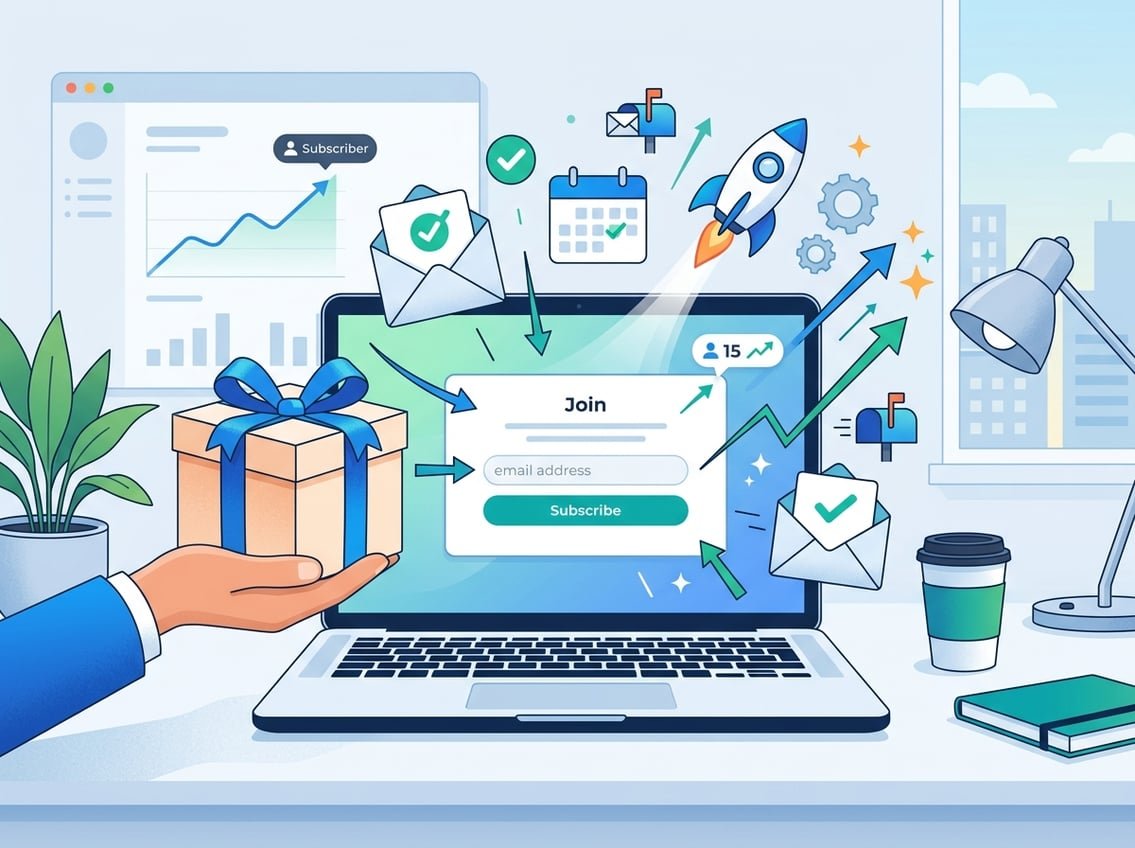 A workspace with a laptop displaying an email sign-up form, a hand offering a gift box, and floating icons representing email and growth around it.