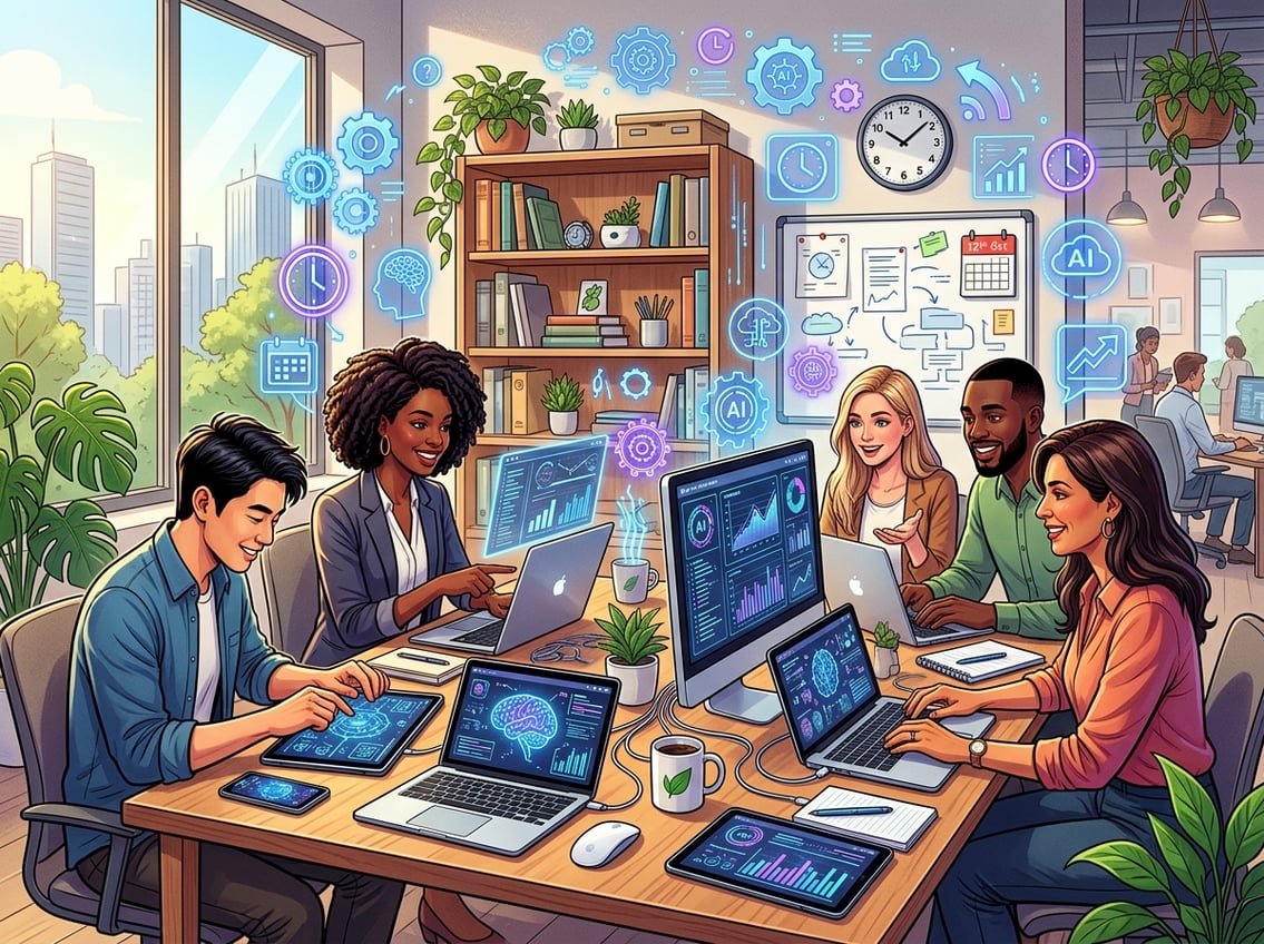 A group of people working together at a desk with laptops and digital devices displaying AI graphics, surrounded by floating icons representing AI tools in a bright office.