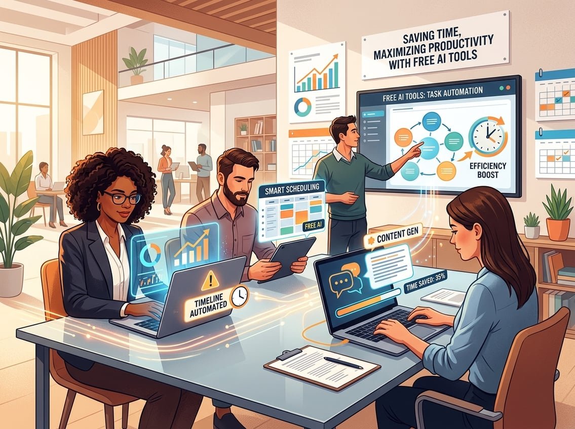 A group of people working together in an office using digital devices with icons and charts representing AI tools that help save time and improve productivity.