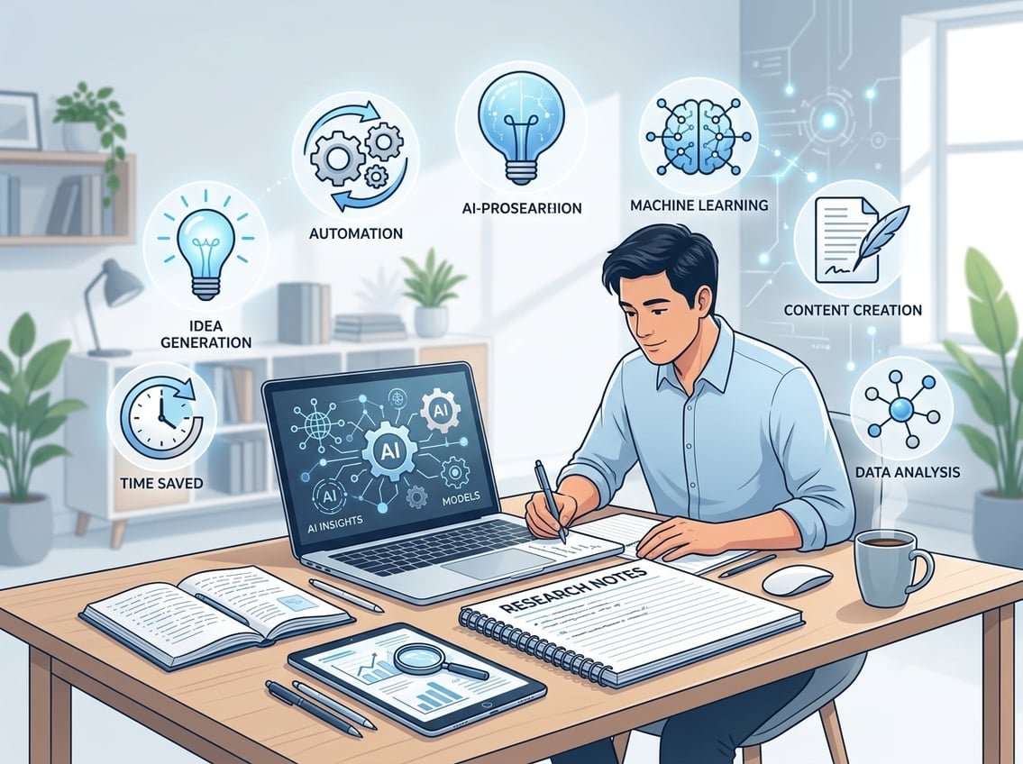 A modern workspace with a laptop, notebooks, and digital tablets surrounded by floating icons representing ideas, automation, and time savings.