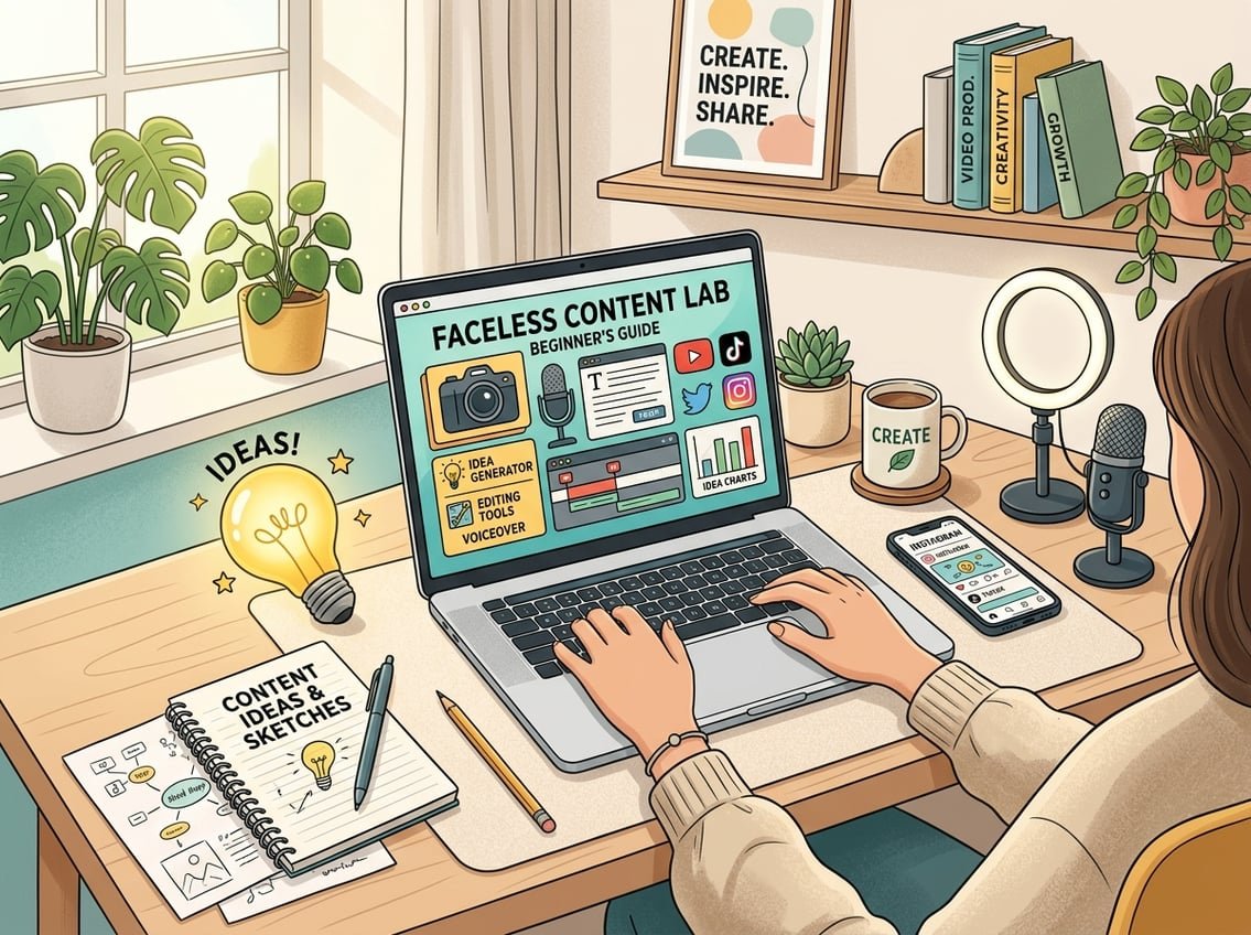 A workspace with a laptop, smartphone, notebook, and creative tools representing content creation without showing any faces.