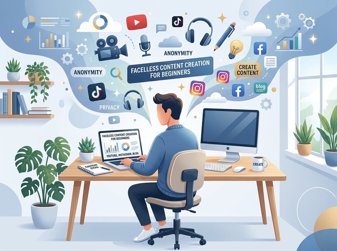 A person sitting at a desk working on a laptop with no visible face, surrounded by icons representing video, audio, writing, and social media content ideas.