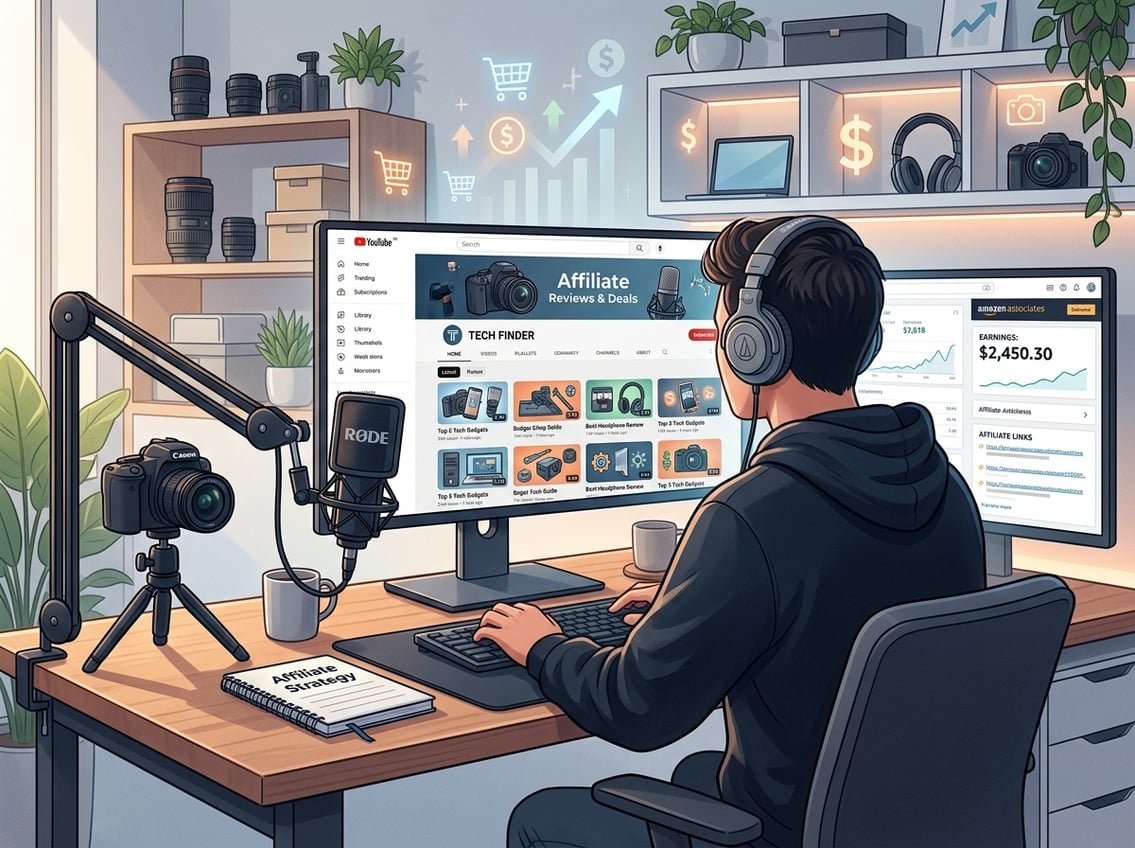 A person sitting at a desk working on a computer showing a faceless YouTube channel with icons representing affiliate marketing around them.