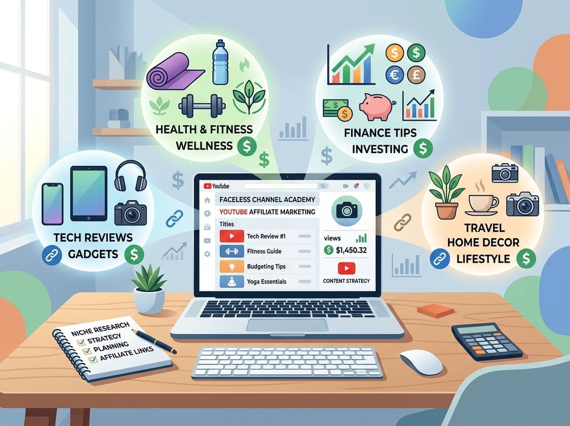 A workspace with a laptop showing a faceless YouTube interface surrounded by icons representing various profitable niches and affiliate marketing symbols.