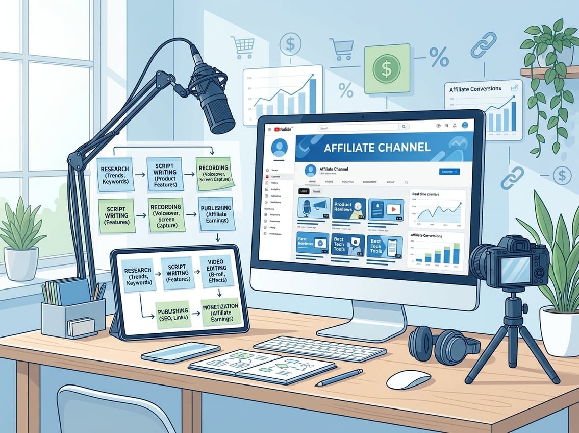 A workspace showing a computer with a YouTube interface, content planning notes, and equipment like a microphone and camera, representing a faceless YouTube channel setup and content workflow.