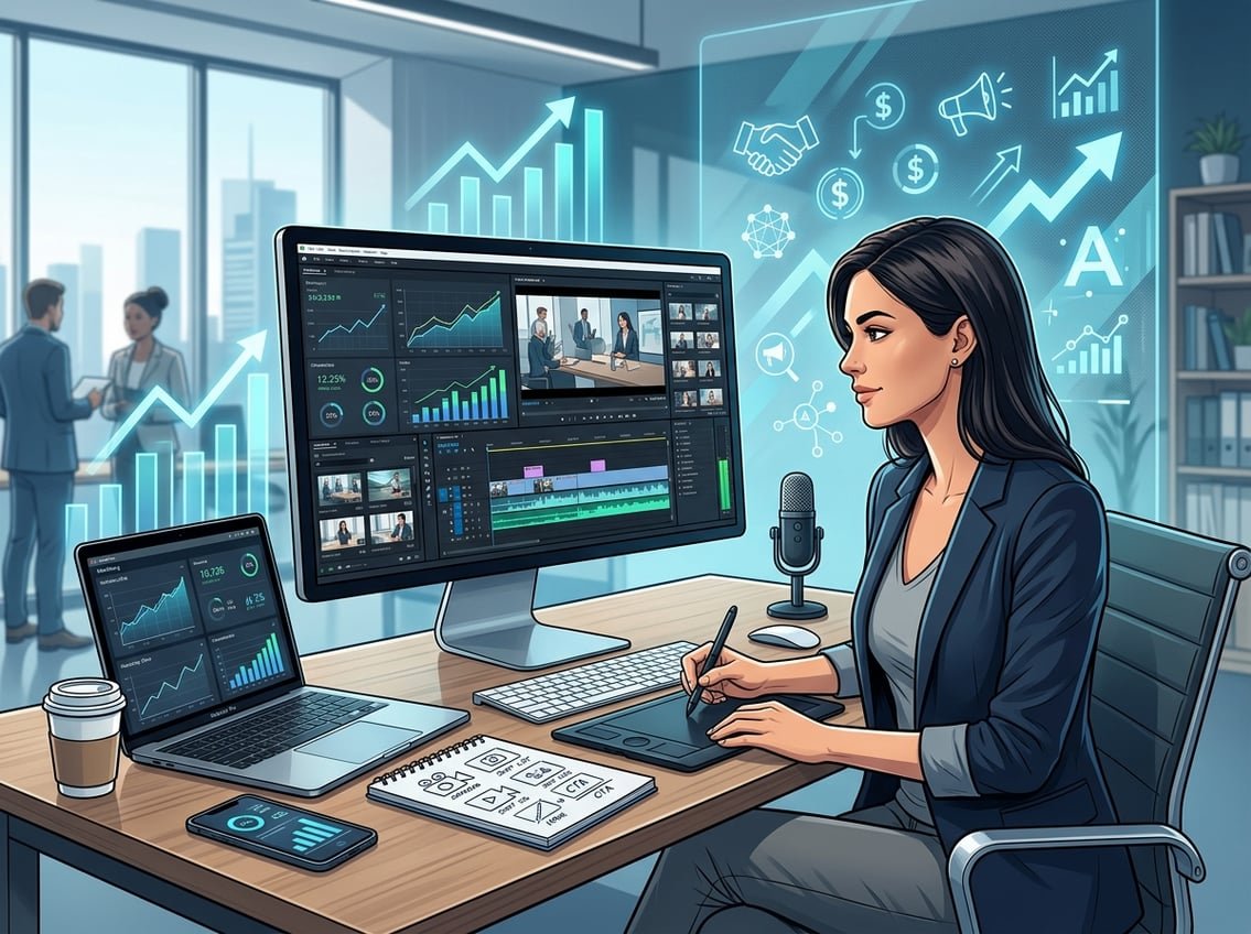 A person working at a desk with a laptop showing video editing software and marketing charts around them.