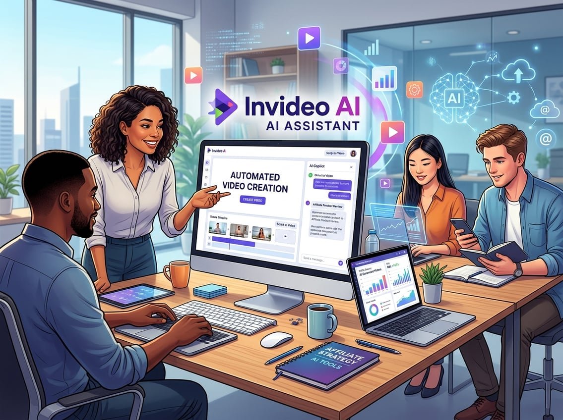 A group of people working together at a desk with multiple computer screens showing charts and video editing tools, representing affiliate marketers using AI technology.