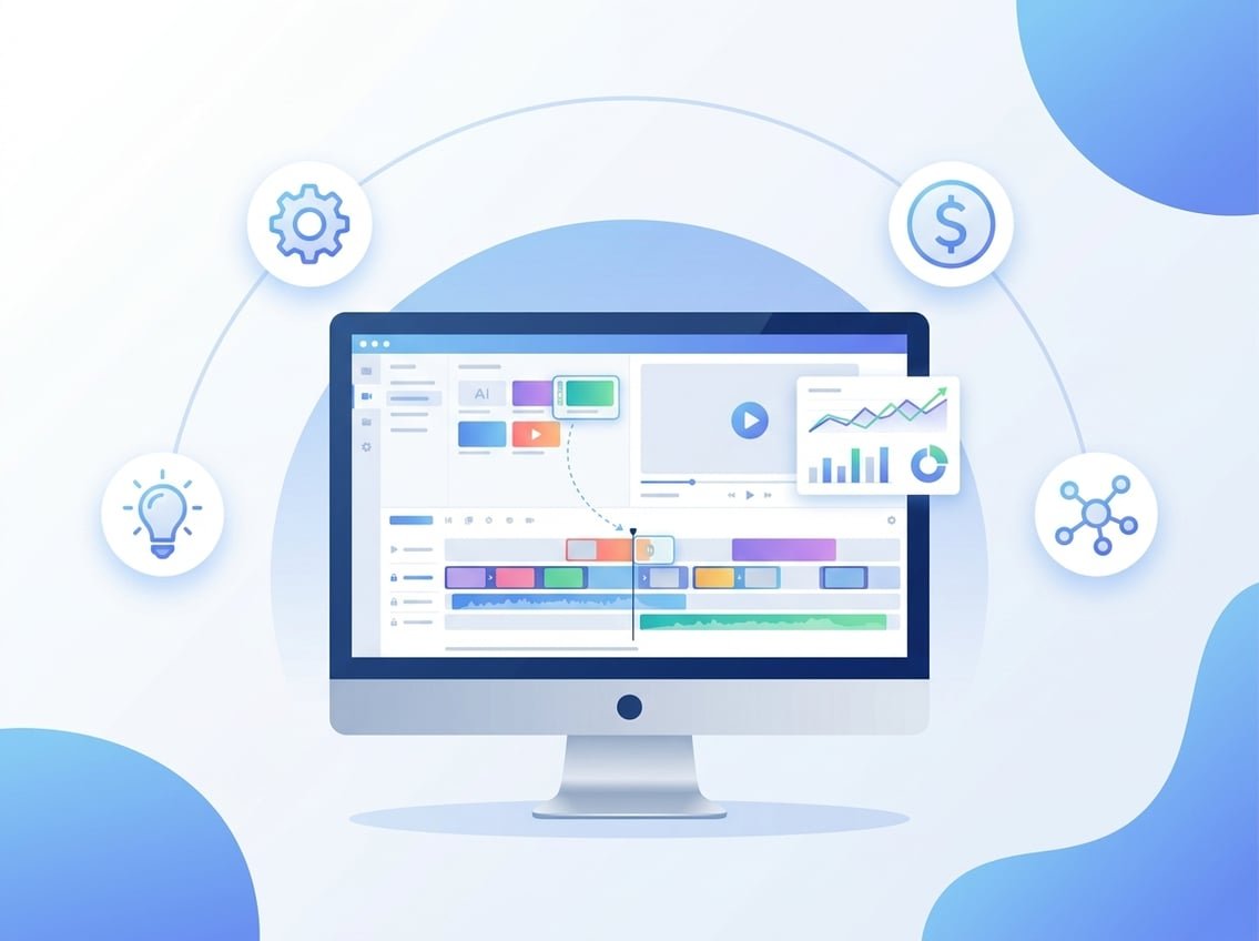A computer screen showing an AI-powered video editing interface with icons representing customization, innovation, monetization, and affiliate marketing around it.