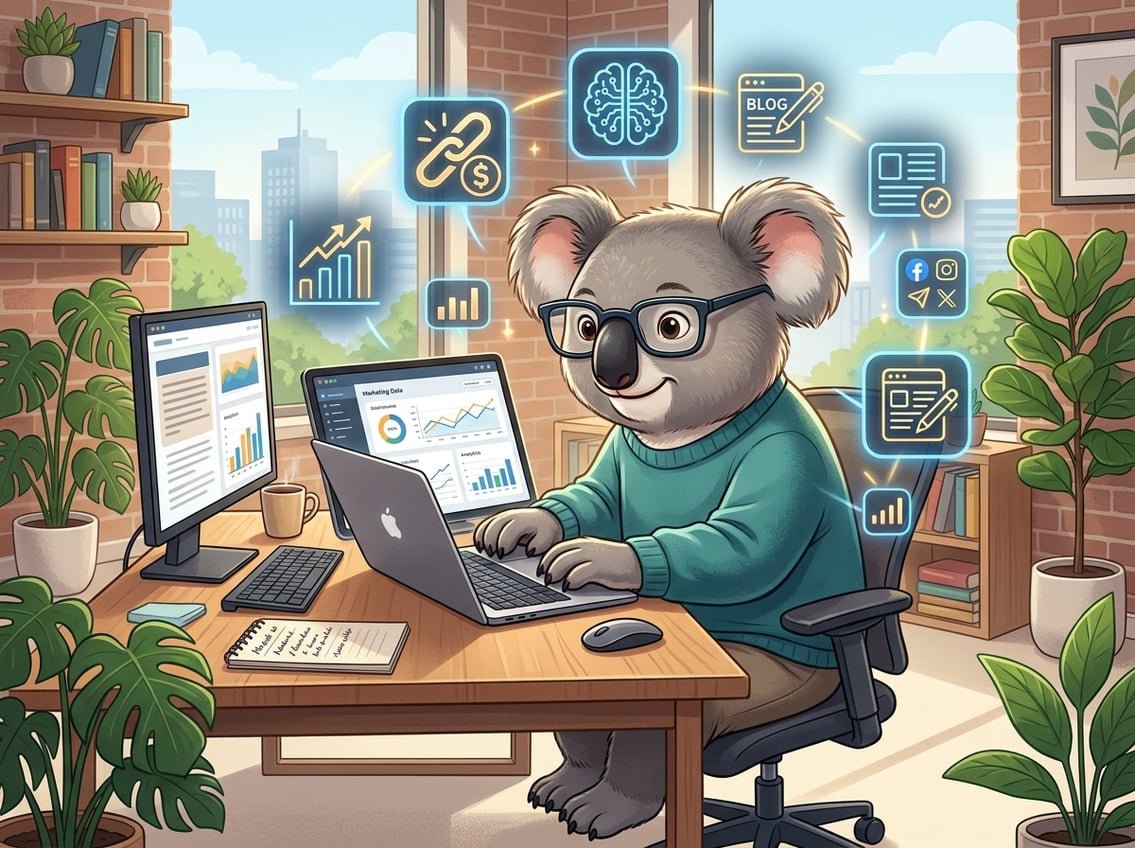 A koala sitting at a desk with a laptop surrounded by digital icons representing blogging, affiliate marketing, and AI in a bright office setting.