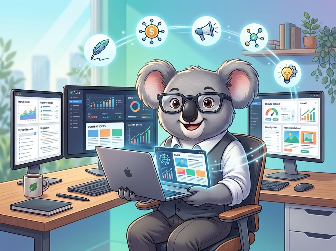 A koala using a laptop at a workspace with screens showing graphs and blog layouts, surrounded by icons representing blogging and affiliate marketing.
