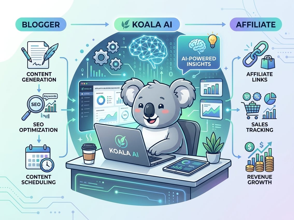 A koala using a laptop surrounded by icons representing blogging, affiliate marketing, and AI technology.