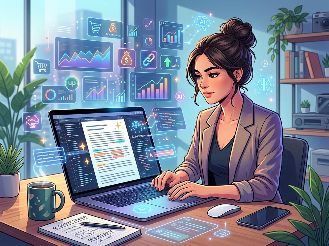 A person working at a desk with a laptop showing digital writing and AI symbols, surrounded by charts and marketing icons.