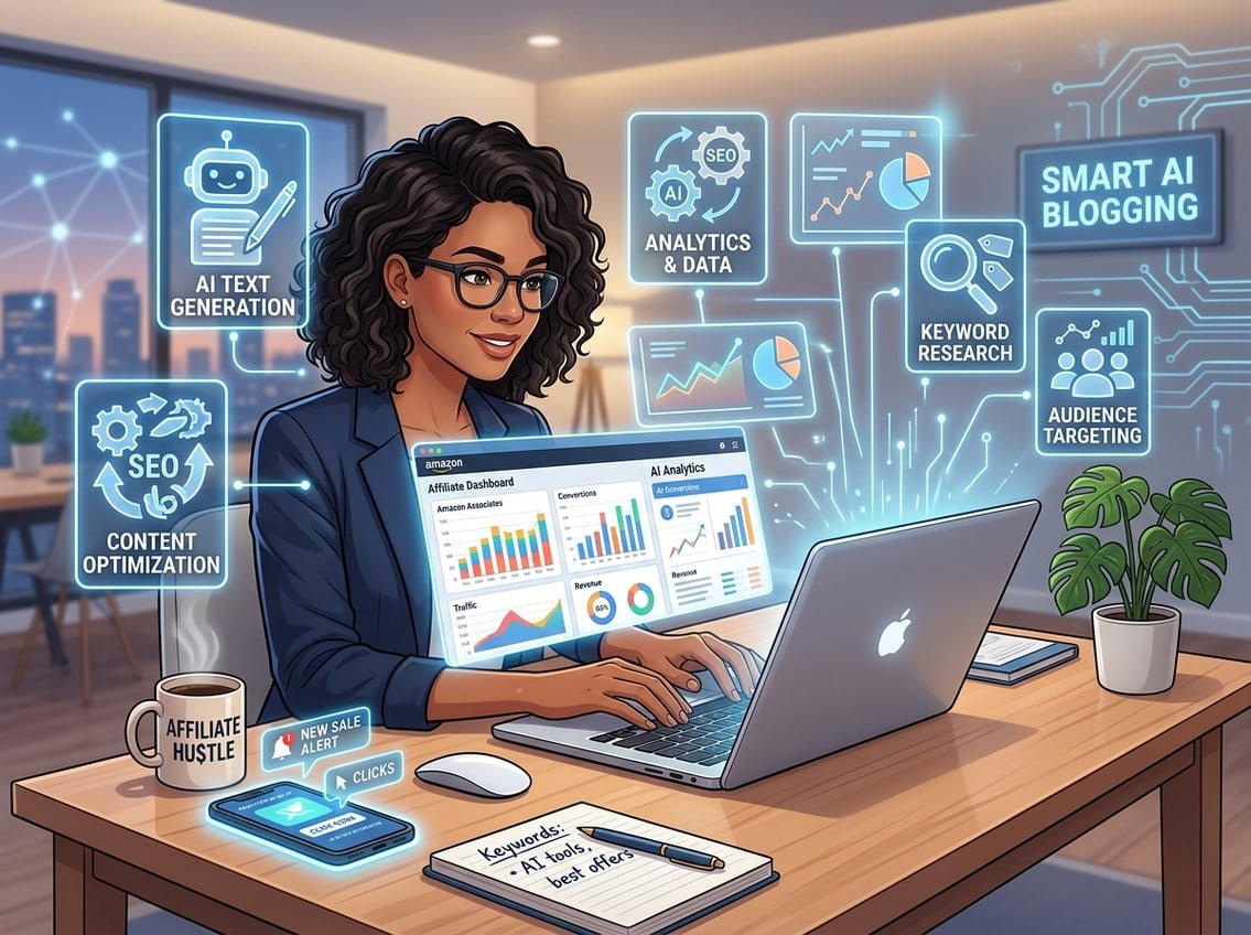 An affiliate blogger working at a desk with a laptop and smartphone, surrounded by digital icons representing AI writing tools and data analytics.