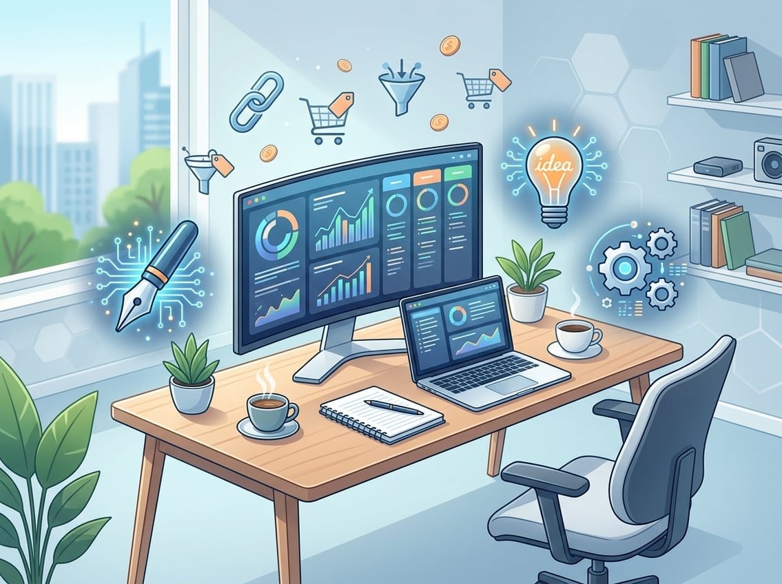 A modern workspace with a computer, laptop, and symbolic icons representing AI writing tools and affiliate blogging.