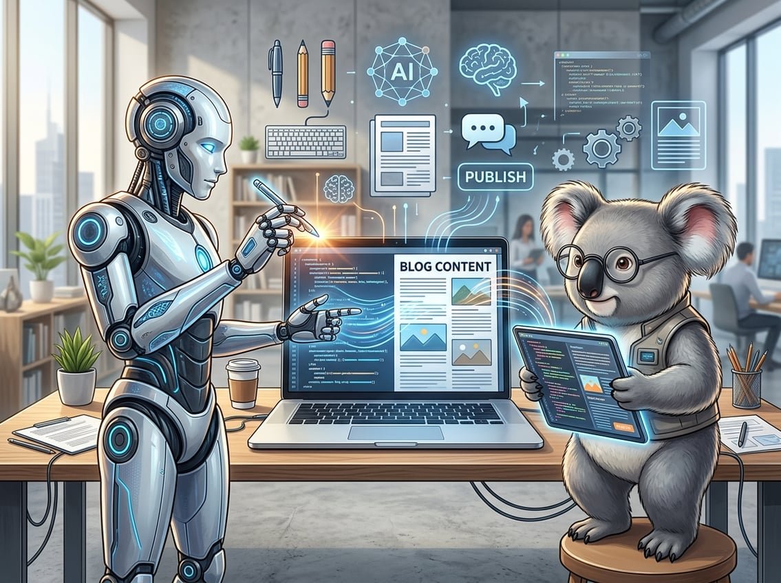 Two AI characters, a futuristic robot and a koala with glasses, facing each other over a laptop displaying digital content in a modern office setting.