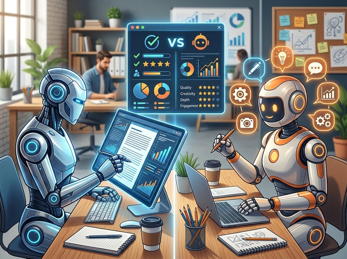 Two robots in an office setting competing to create blog content, surrounded by digital screens and creative tools.