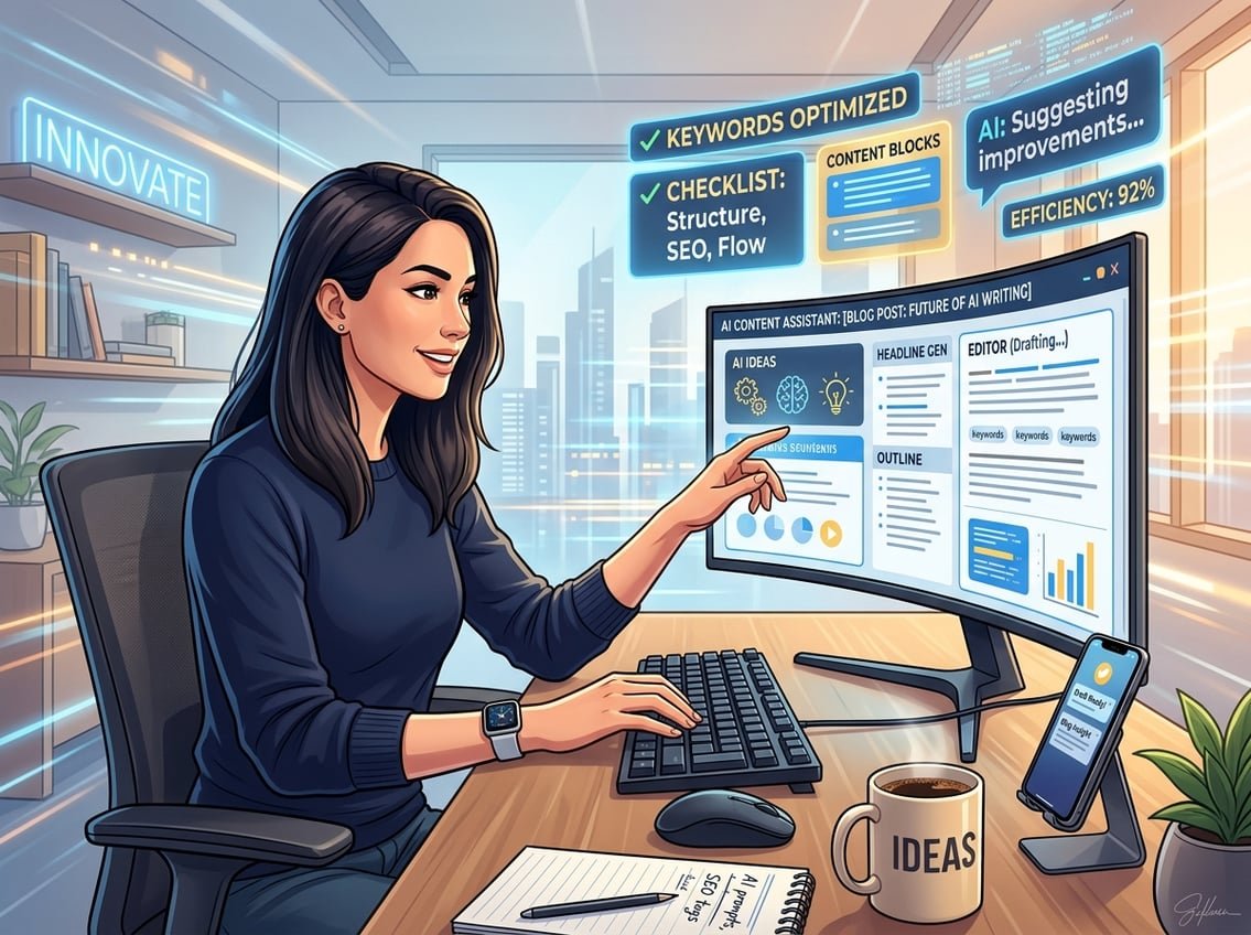 A person working at a desk with a computer and holographic AI icons, representing fast and efficient blog writing using AI tools.