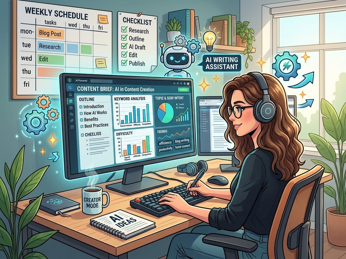 A person working at a desk with a computer showing content planning visuals, surrounded by icons representing AI tools and productivity.