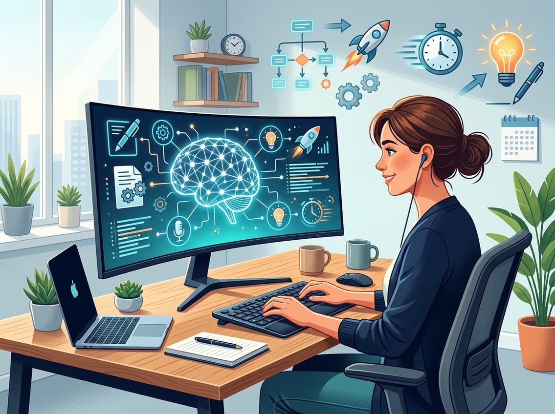 A person typing at a desk with a computer displaying AI-related graphics, surrounded by symbols representing writing and speed.