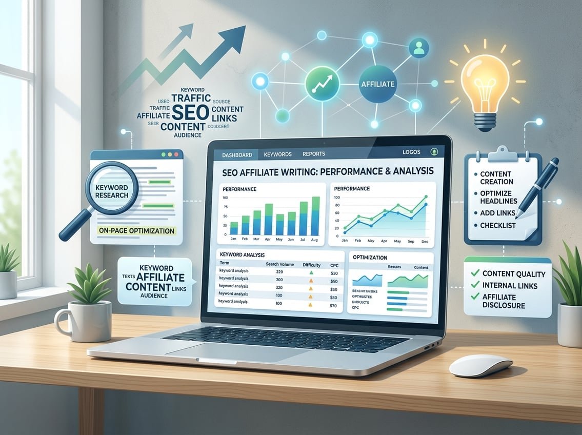 A workspace with a laptop showing graphs and keyword analysis, surrounded by icons representing SEO tools and affiliate marketing connections.