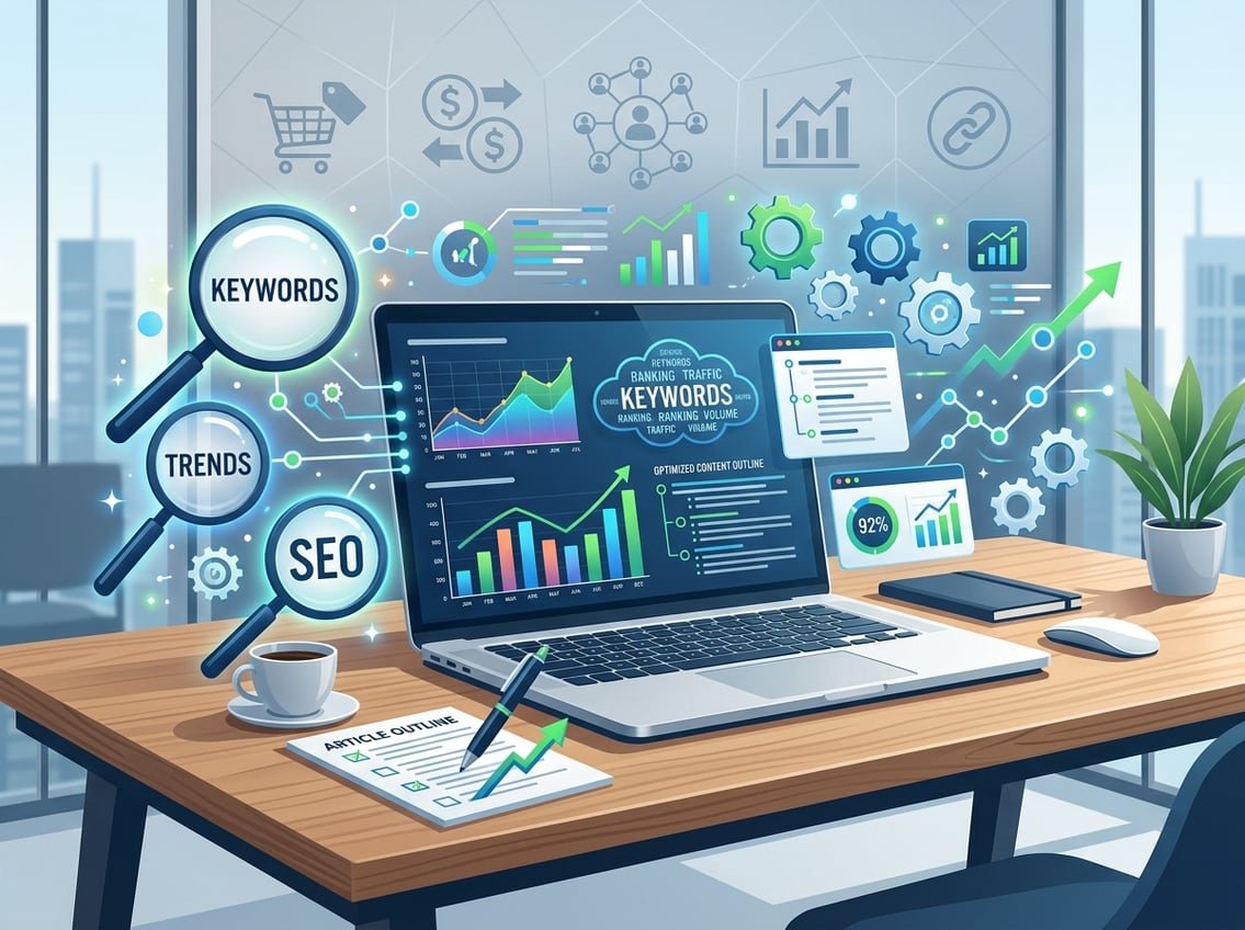 A workspace with a laptop showing graphs and keyword analysis, surrounded by icons representing SEO optimization and affiliate marketing.