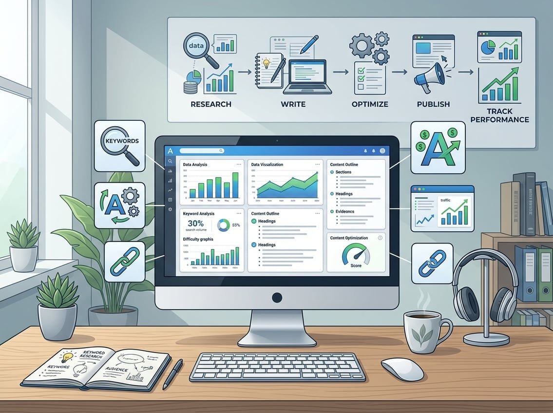 A workspace with a computer showing SEO charts and tools, surrounded by icons representing keyword research, content optimization, and analytics, illustrating the content creation process.