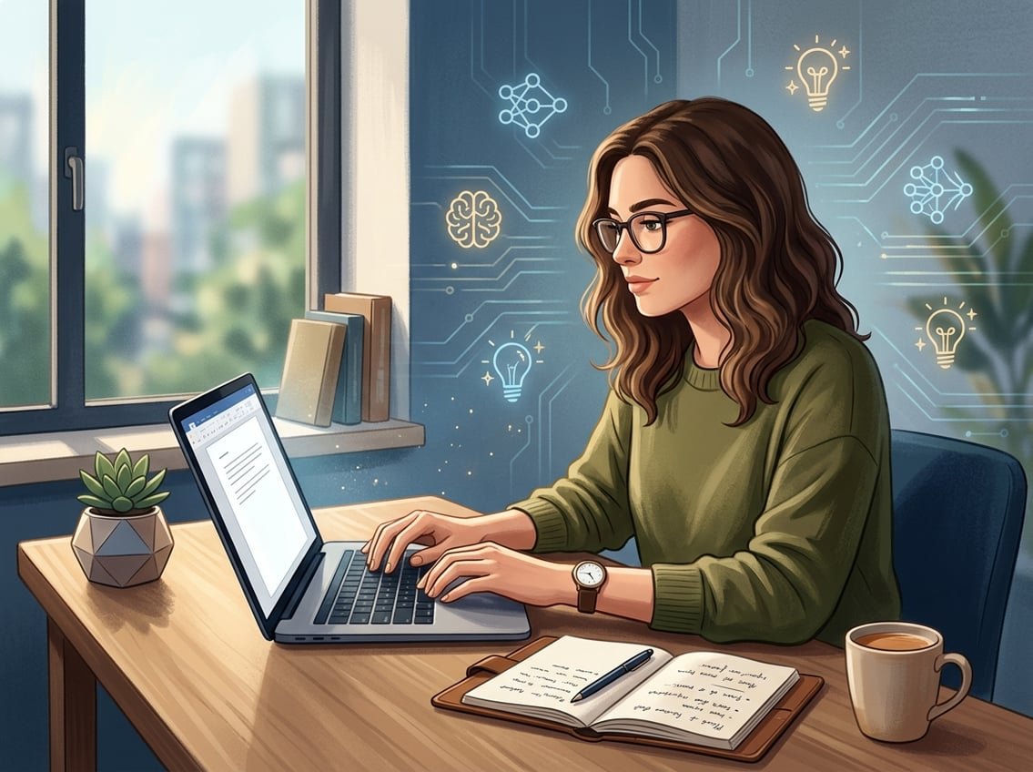 A person writing on a laptop at a tidy desk with a notebook, coffee cup, and plant, surrounded by subtle digital AI elements in the background.