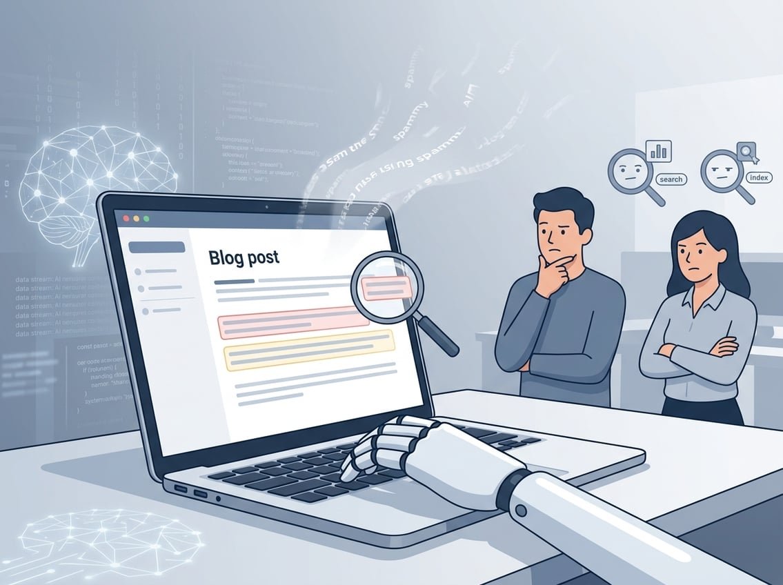 A workspace with a laptop showing a blog post, a robotic hand typing, skeptical readers nearby, and abstract search engine symbols examining the content.