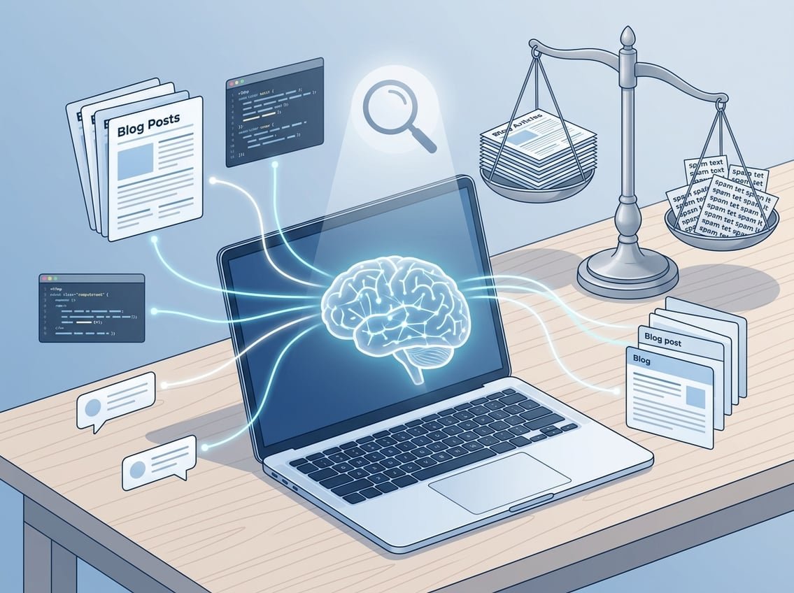 A workspace with a laptop showing an AI brain connected to floating blog content, a magnifying glass symbolizing detection, and a balanced scale representing quality and fairness.