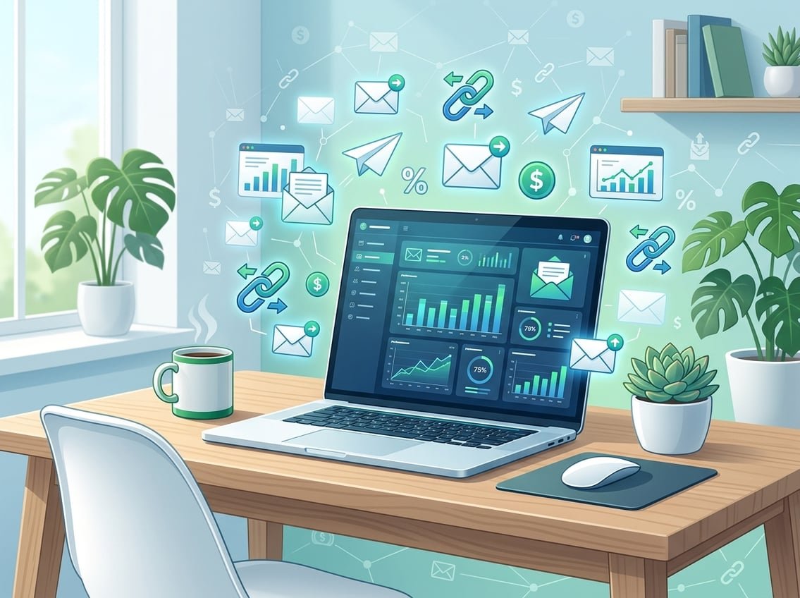 A work desk with a laptop, notebook, and email dashboard, showing affiliate traffic sources and monetization paths.