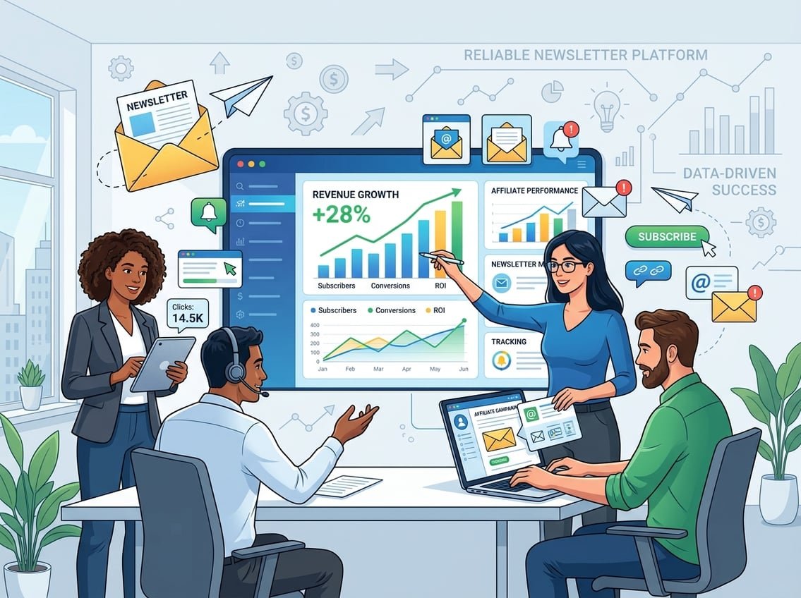 A workspace with a laptop showing email compliance notes and analytics dashboards, representing common newsletter setup mistakes.