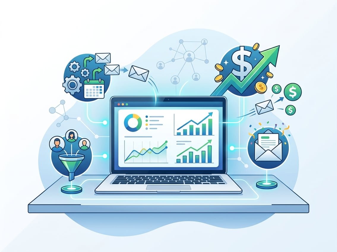 A workspace showing a laptop with email marketing charts, surrounded by icons representing email features, revenue growth, and affiliate marketing.