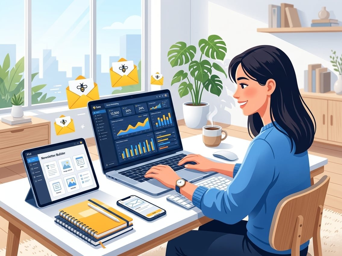 A modern workspace with a laptop showing email marketing charts and beginner-friendly digital tools on a desk surrounded by plants and a coffee cup.