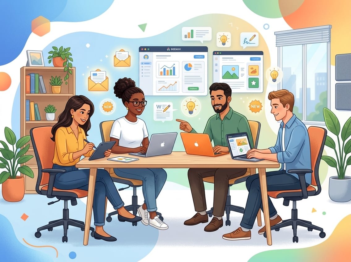 A group of people working together with laptops and tablets, surrounded by icons representing email newsletters and content creation in a bright, modern workspace.