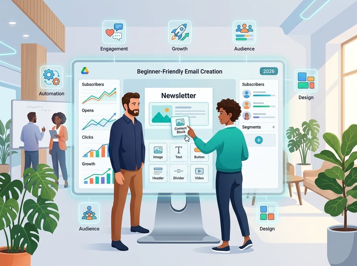 People using a modern digital workspace with a touchscreen displaying email newsletter tools and features.