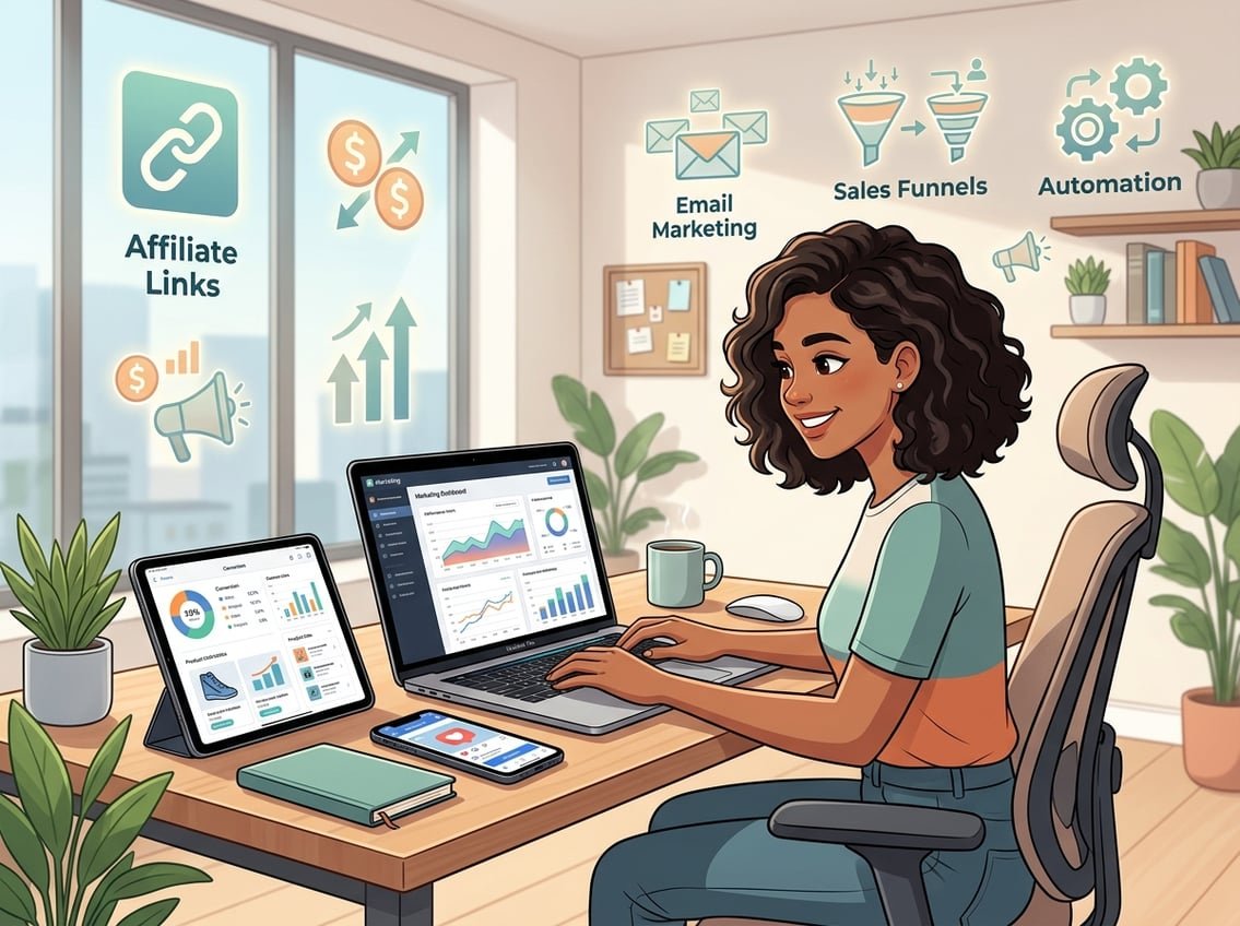 A young person working at a desk with multiple digital devices showing marketing graphs and dashboards in a bright home office with symbols of online marketing around them.